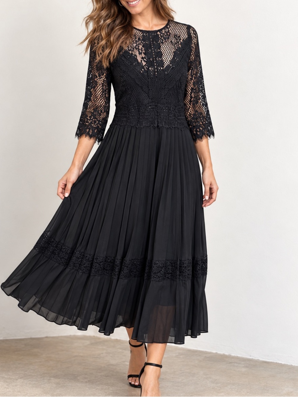 Zara Basic Black Lace Pleated Midi Dress 3/4 Sleeve Romantic Size L